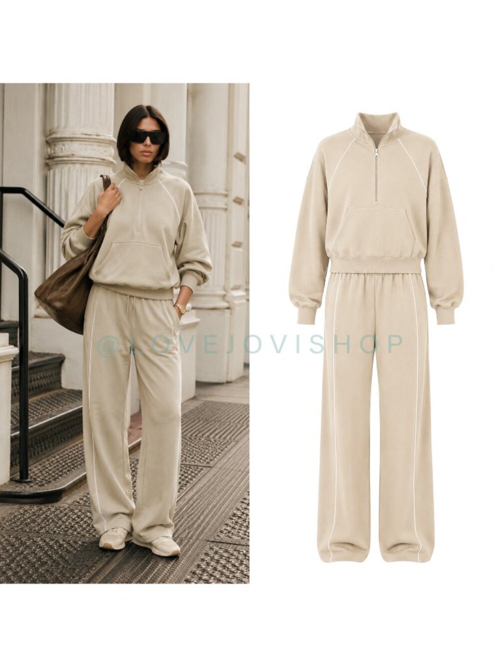 Offline by Aerie Set | Quarter Zip Pullover + Jogger Straight Leg Neutral Beige